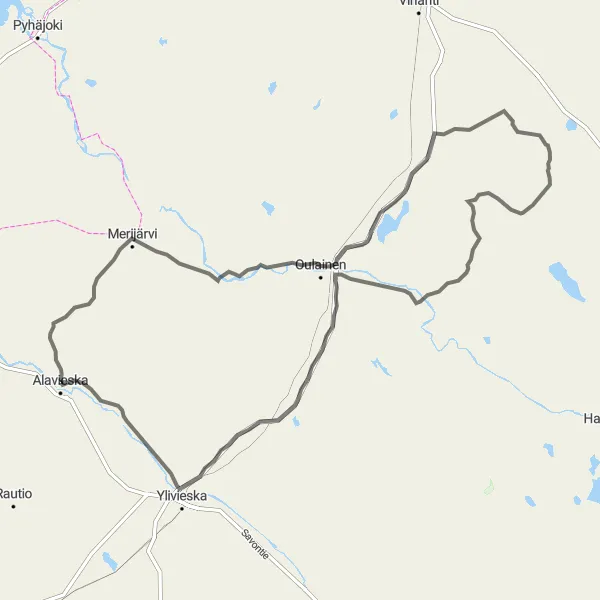 Map miniature of "Alavieska to Merijärvi to Oulainen to Ylivieskan vanhan kirkon rauniot Round-Trip Route" cycling inspiration in Pohjois- ja Itä-Suomi, Finland. Generated by Tarmacs.app cycling route planner