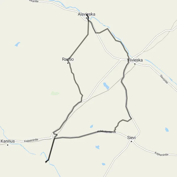 Map miniature of "Alavieska to Puuhkala to Laavu to Hanhineva to Eskola to Kähtävä Round-Trip Route" cycling inspiration in Pohjois- ja Itä-Suomi, Finland. Generated by Tarmacs.app cycling route planner