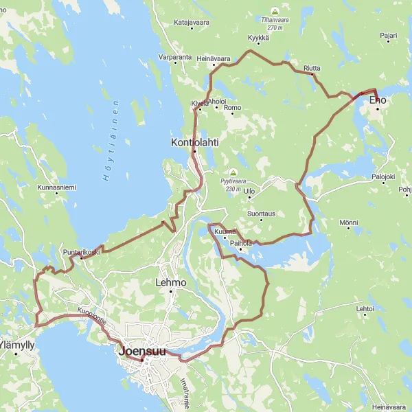 Map miniature of "Eno to Kontiolahti Gravel Route" cycling inspiration in Pohjois- ja Itä-Suomi, Finland. Generated by Tarmacs.app cycling route planner