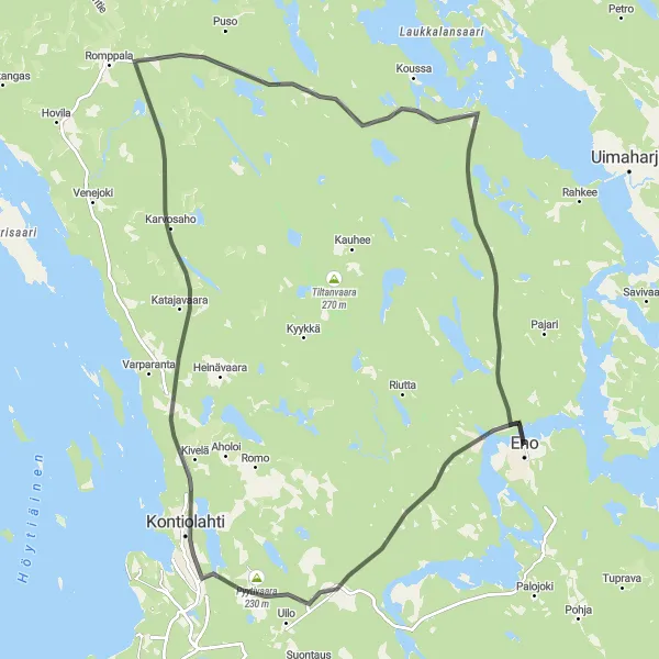 Map miniature of "Eno to Kontiolahti Scenic Route" cycling inspiration in Pohjois- ja Itä-Suomi, Finland. Generated by Tarmacs.app cycling route planner