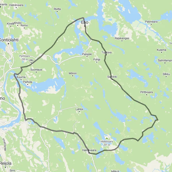 Map miniature of "Heinävaara Road Challenge" cycling inspiration in Pohjois- ja Itä-Suomi, Finland. Generated by Tarmacs.app cycling route planner