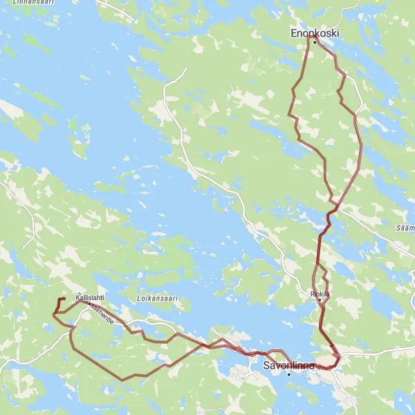 Map miniature of "Enonkoski to Savonlinna Gravel Cycling Route" cycling inspiration in Pohjois- ja Itä-Suomi, Finland. Generated by Tarmacs.app cycling route planner