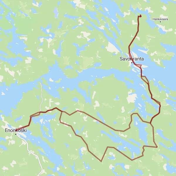 Map miniature of "Enonkoski to Hurissalo Gravel Cycling Route" cycling inspiration in Pohjois- ja Itä-Suomi, Finland. Generated by Tarmacs.app cycling route planner