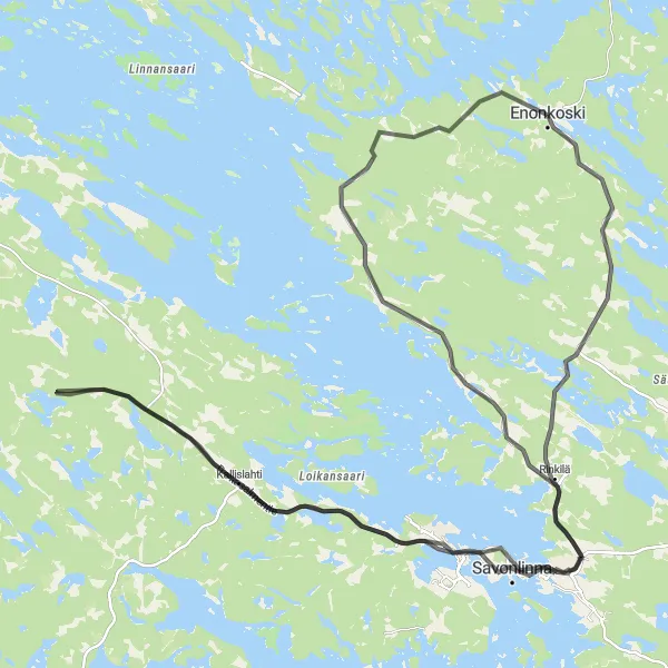 Map miniature of "Enonkoski to Rantakoivikko and Savonlinna Road Route" cycling inspiration in Pohjois- ja Itä-Suomi, Finland. Generated by Tarmacs.app cycling route planner