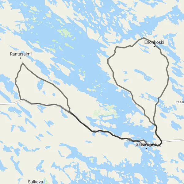 Map miniature of "Enonkoski to Rantakoivikko and Olavinlinna Road Route" cycling inspiration in Pohjois- ja Itä-Suomi, Finland. Generated by Tarmacs.app cycling route planner