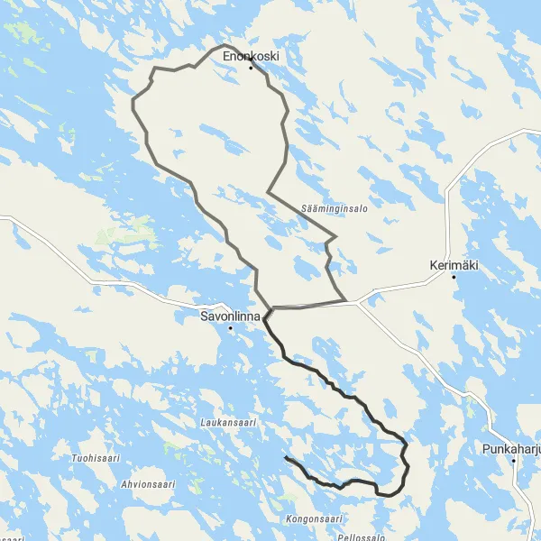 Map miniature of "Enonkoski to Anttola Cycling Route" cycling inspiration in Pohjois- ja Itä-Suomi, Finland. Generated by Tarmacs.app cycling route planner