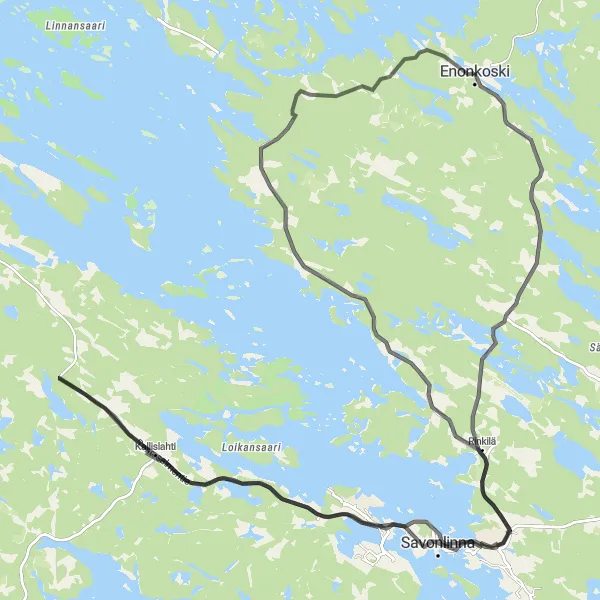 Map miniature of "Enonkoski to Savonlinna Cycling Route" cycling inspiration in Pohjois- ja Itä-Suomi, Finland. Generated by Tarmacs.app cycling route planner