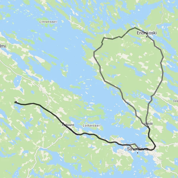 Map miniature of "Enonkoski to Jukolansalo and Rantakoivikko Road Route" cycling inspiration in Pohjois- ja Itä-Suomi, Finland. Generated by Tarmacs.app cycling route planner