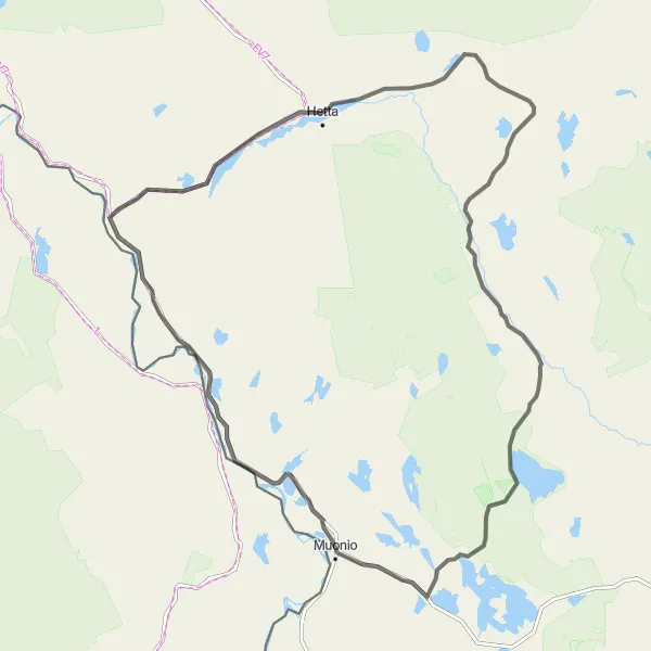 Karttaminiaatyyri "Hetta-Ounasjärvi cycling route" pyöräilyinspiraatiosta alueella Pohjois- ja Itä-Suomi, Finland. Luotu Tarmacs.app pyöräilyreittisuunnittelijalla