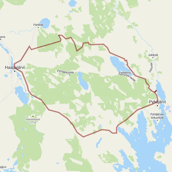 Karttaminiaatyyri "Haapajärvi-Pyhäjärvi-Honkavuoren näköalatorni-Haapajärvi (sora)" pyöräilyinspiraatiosta alueella Pohjois- ja Itä-Suomi, Finland. Luotu Tarmacs.app pyöräilyreittisuunnittelijalla