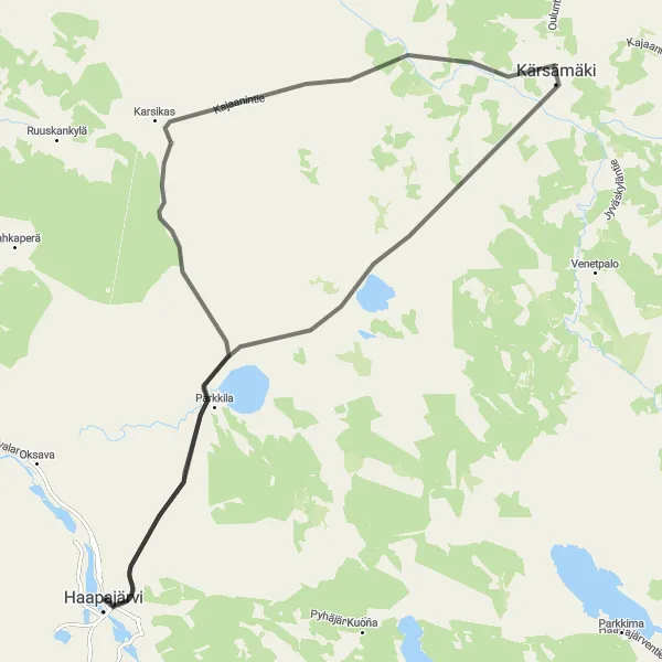 Karttaminiaatyyri "Haapajärvi-Olkkola-Kärsämäki-Haapajärvi" pyöräilyinspiraatiosta alueella Pohjois- ja Itä-Suomi, Finland. Luotu Tarmacs.app pyöräilyreittisuunnittelijalla