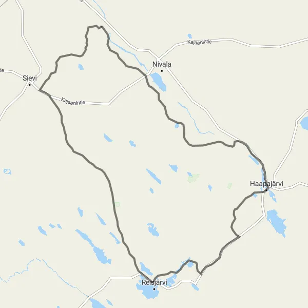 Karttaminiaatyyri "Haapajärvi-Haaganperä-Reisjärvi-Haapajärvi" pyöräilyinspiraatiosta alueella Pohjois- ja Itä-Suomi, Finland. Luotu Tarmacs.app pyöräilyreittisuunnittelijalla