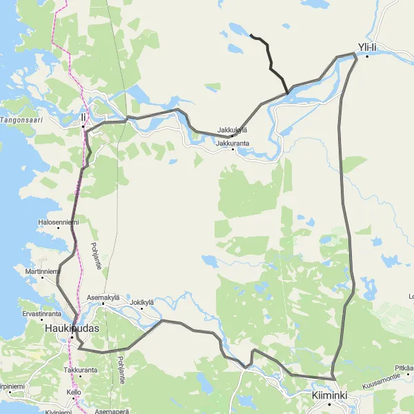 Karttaminiaatyyri "Haukiputaan kierros" pyöräilyinspiraatiosta alueella Pohjois- ja Itä-Suomi, Finland. Luotu Tarmacs.app pyöräilyreittisuunnittelijalla