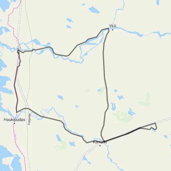 Karttaminiaatyyri "Jakkukylä - Kiiminki - Hurissalo -Jokikylä - Ii" pyöräilyinspiraatiosta alueella Pohjois- ja Itä-Suomi, Finland. Luotu Tarmacs.app pyöräilyreittisuunnittelijalla