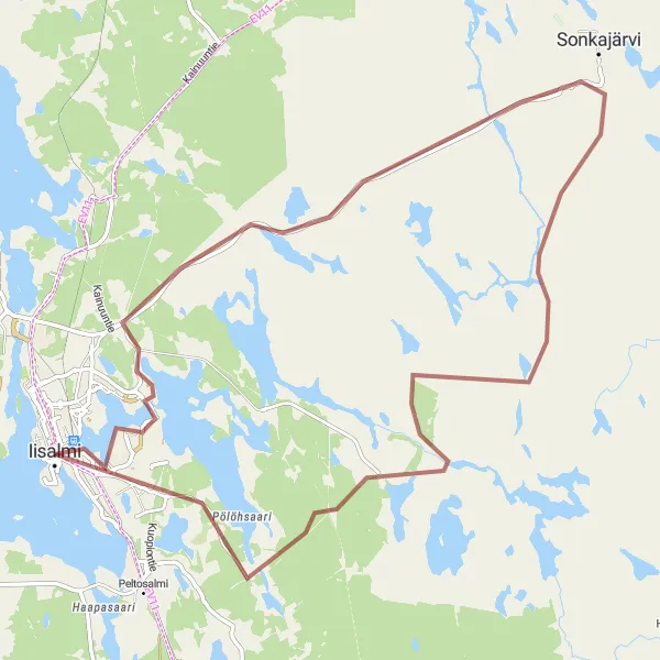 Karttaminiaatyyri "Hidden Gems of Iisalmi Gravel Route" pyöräilyinspiraatiosta alueella Pohjois- ja Itä-Suomi, Finland. Luotu Tarmacs.app pyöräilyreittisuunnittelijalla