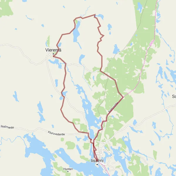 Map miniature of "Iisalmi - Pihlajaharju Gravel Adventure" cycling inspiration in Pohjois- ja Itä-Suomi, Finland. Generated by Tarmacs.app cycling route planner