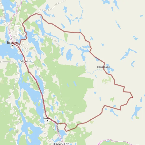 Map miniature of "Iisalmi Paloinen Gravel Route" cycling inspiration in Pohjois- ja Itä-Suomi, Finland. Generated by Tarmacs.app cycling route planner