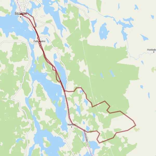 Map miniature of "Nerkoo's Gravel Adventure" cycling inspiration in Pohjois- ja Itä-Suomi, Finland. Generated by Tarmacs.app cycling route planner
