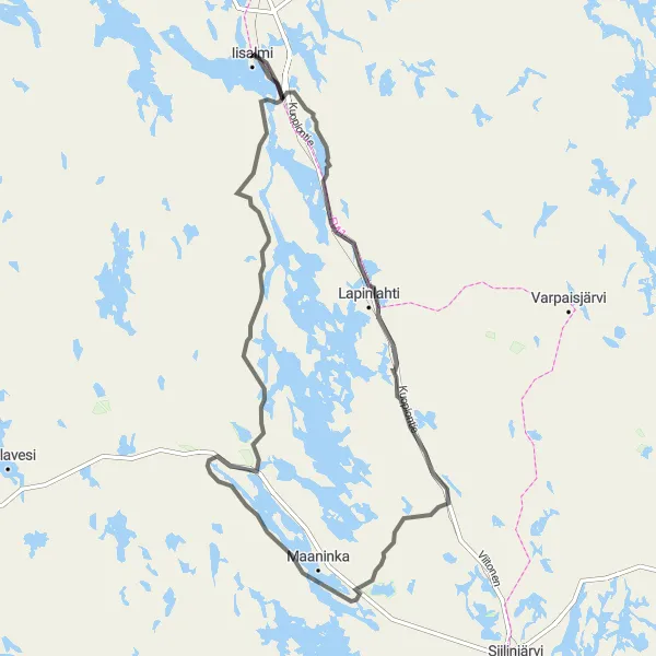 Karttaminiaatyyri "Iisalmi - Lapinlahti - Alapitkä - Tuovilanlahti - Hurissalo" pyöräilyinspiraatiosta alueella Pohjois- ja Itä-Suomi, Finland. Luotu Tarmacs.app pyöräilyreittisuunnittelijalla