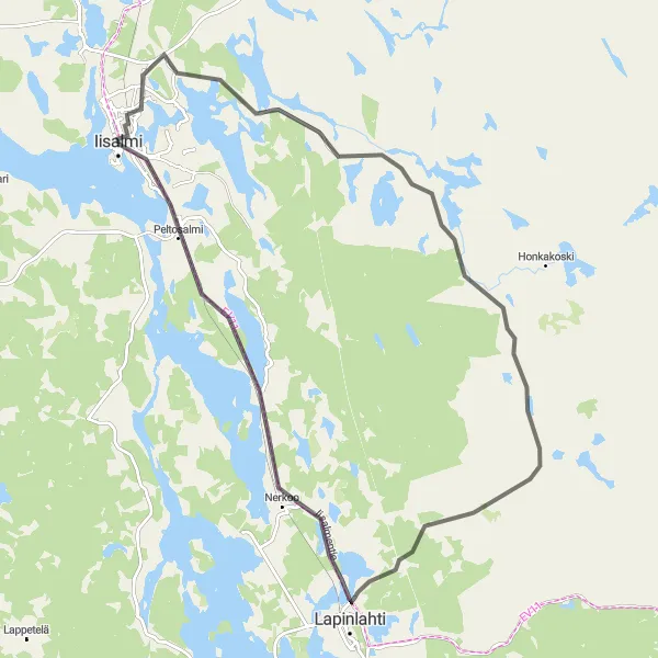 Map miniature of "Iisalmi - Niskajärvi scenic route" cycling inspiration in Pohjois- ja Itä-Suomi, Finland. Generated by Tarmacs.app cycling route planner