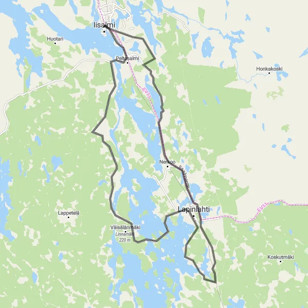 Map miniature of "Lapinlahti Loop" cycling inspiration in Pohjois- ja Itä-Suomi, Finland. Generated by Tarmacs.app cycling route planner