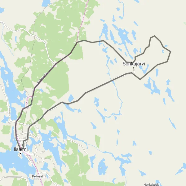 Map miniature of "Pihlajaharju Adventure" cycling inspiration in Pohjois- ja Itä-Suomi, Finland. Generated by Tarmacs.app cycling route planner