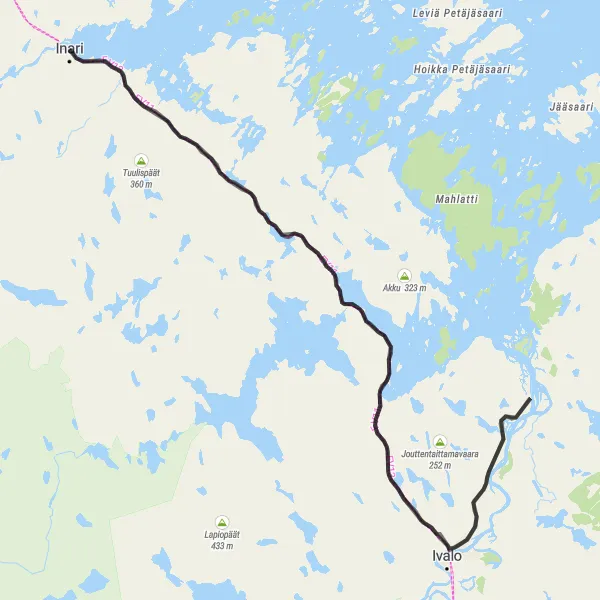 Map miniature of "Road Journey: Scenic Inari" cycling inspiration in Pohjois- ja Itä-Suomi, Finland. Generated by Tarmacs.app cycling route planner