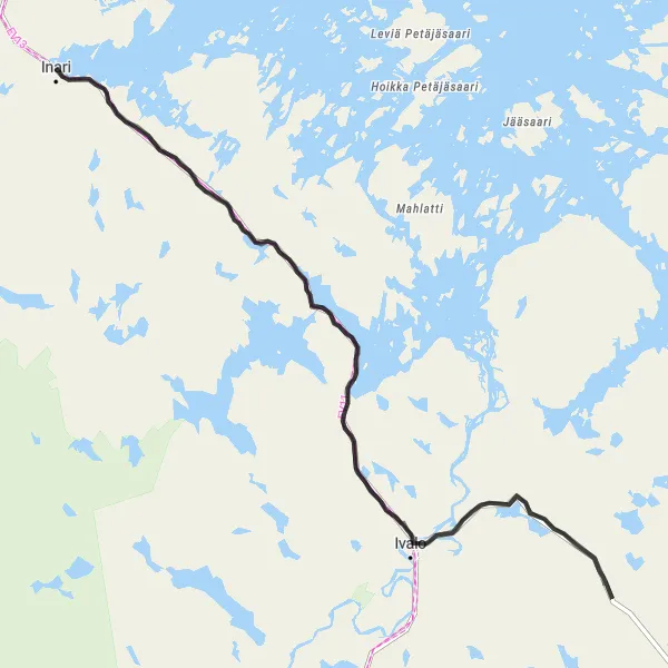 Map miniature of "Road Cycling: Inari Circuit" cycling inspiration in Pohjois- ja Itä-Suomi, Finland. Generated by Tarmacs.app cycling route planner