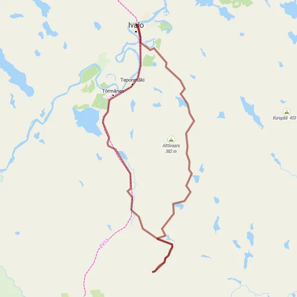Map miniature of "Gravel Adventure through Kullankaivajat and Saarineitämövaara" cycling inspiration in Pohjois- ja Itä-Suomi, Finland. Generated by Tarmacs.app cycling route planner