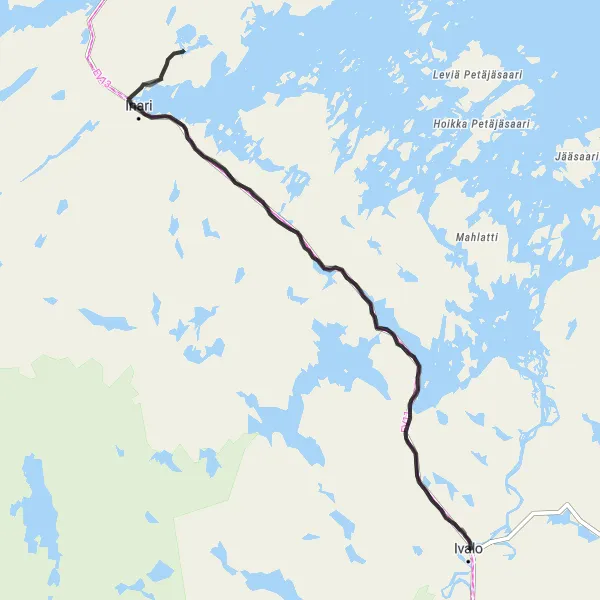 Map miniature of "Scenic Road Ride to Jänkkävaara and Inari" cycling inspiration in Pohjois- ja Itä-Suomi, Finland. Generated by Tarmacs.app cycling route planner