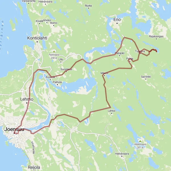 Karttaminiaatyyri "Ylä-Karjalan kierros" pyöräilyinspiraatiosta alueella Pohjois- ja Itä-Suomi, Finland. Luotu Tarmacs.app pyöräilyreittisuunnittelijalla