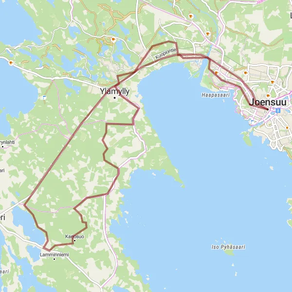 Map miniature of "Ylämylly Gravel Adventure" cycling inspiration in Pohjois- ja Itä-Suomi, Finland. Generated by Tarmacs.app cycling route planner