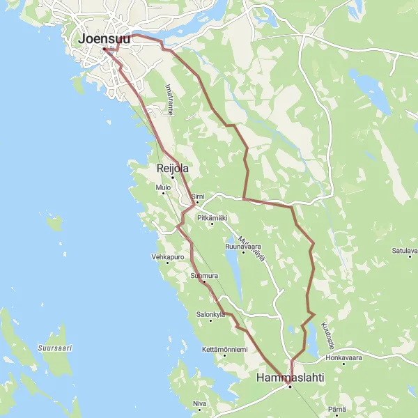 Map miniature of "Hammaslahti Gravel Adventure" cycling inspiration in Pohjois- ja Itä-Suomi, Finland. Generated by Tarmacs.app cycling route planner