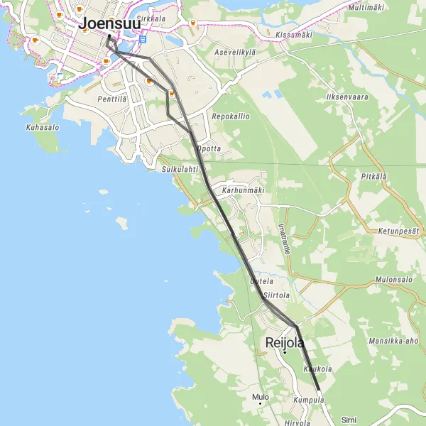 Map miniature of "Joensuu Loop" cycling inspiration in Pohjois- ja Itä-Suomi, Finland. Generated by Tarmacs.app cycling route planner