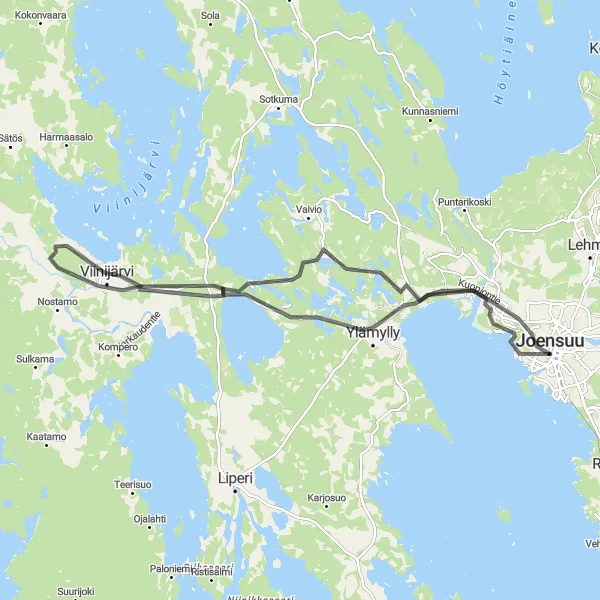 Map miniature of "Joensuu-Linnunlahti Loop" cycling inspiration in Pohjois- ja Itä-Suomi, Finland. Generated by Tarmacs.app cycling route planner