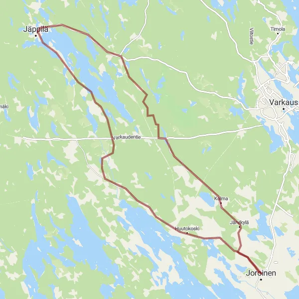 Map miniature of "Joroinen to Kolma Gravel Route" cycling inspiration in Pohjois- ja Itä-Suomi, Finland. Generated by Tarmacs.app cycling route planner