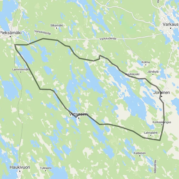 Map miniature of "Joroinen to Virtasalmi Ride" cycling inspiration in Pohjois- ja Itä-Suomi, Finland. Generated by Tarmacs.app cycling route planner