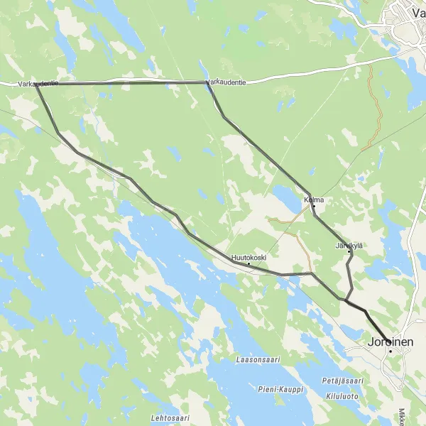 Map miniature of "Joroinen to Kolma Short Ride" cycling inspiration in Pohjois- ja Itä-Suomi, Finland. Generated by Tarmacs.app cycling route planner