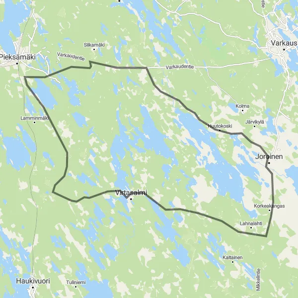 Map miniature of "Joroinen - Virtasalmi - Huutokoski Loop" cycling inspiration in Pohjois- ja Itä-Suomi, Finland. Generated by Tarmacs.app cycling route planner