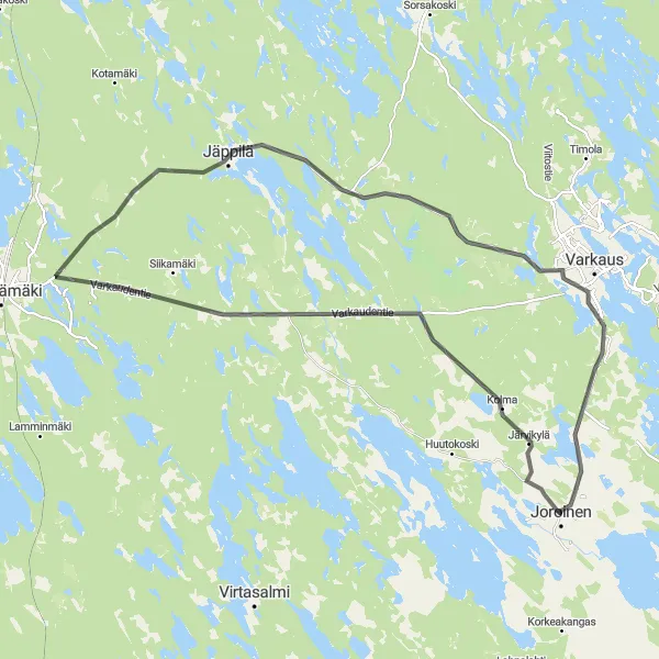 Karttaminiaatyyri "Joroinen - Repokangas Road Adventure" pyöräilyinspiraatiosta alueella Pohjois- ja Itä-Suomi, Finland. Luotu Tarmacs.app pyöräilyreittisuunnittelijalla