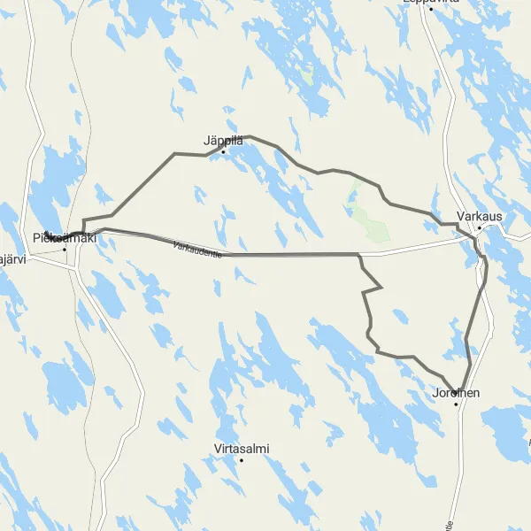 Map miniature of "Joroinen to Pieksämäki Route" cycling inspiration in Pohjois- ja Itä-Suomi, Finland. Generated by Tarmacs.app cycling route planner
