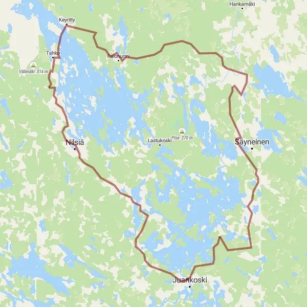 Map miniature of "Scenic Gravel Route with Nilsiä, Venäänaho, and Luokkiaho" cycling inspiration in Pohjois- ja Itä-Suomi, Finland. Generated by Tarmacs.app cycling route planner