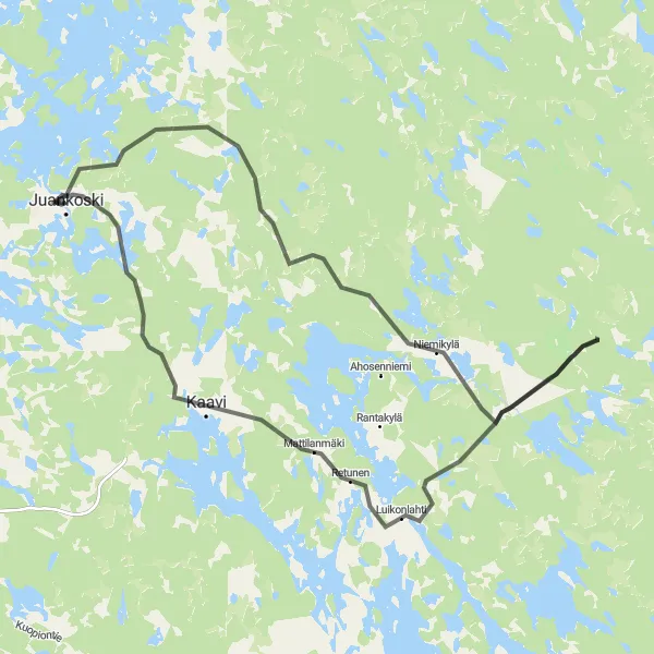 Map miniature of "Road Route via Luokkiaho, Luikonlahti, Kaavi, and Juankoski" cycling inspiration in Pohjois- ja Itä-Suomi, Finland. Generated by Tarmacs.app cycling route planner