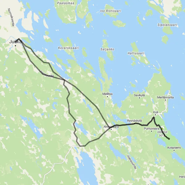 Karttaminiaatyyri "Juuka-Ylä-Koli-Ukko-Koli-Paha-Koli" pyöräilyinspiraatiosta alueella Pohjois- ja Itä-Suomi, Finland. Luotu Tarmacs.app pyöräilyreittisuunnittelijalla