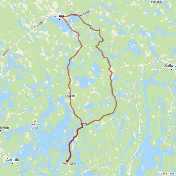 Map miniature of "An Adventurous Gravel Ride in Juva" cycling inspiration in Pohjois- ja Itä-Suomi, Finland. Generated by Tarmacs.app cycling route planner