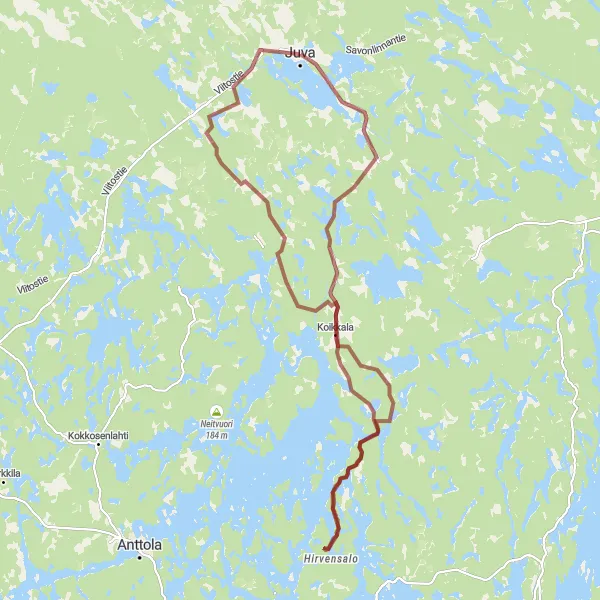 Map miniature of "Gravel Adventure to Koikkala" cycling inspiration in Pohjois- ja Itä-Suomi, Finland. Generated by Tarmacs.app cycling route planner