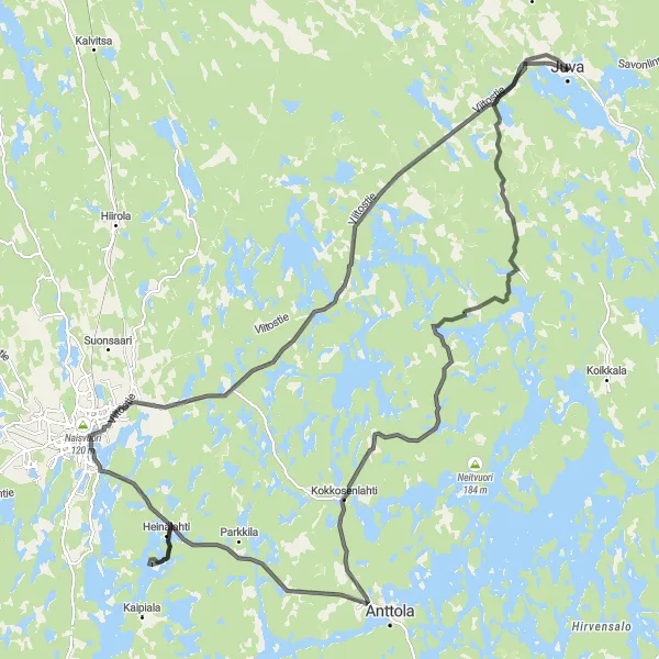 Map miniature of "Juva Scenic Road Loop" cycling inspiration in Pohjois- ja Itä-Suomi, Finland. Generated by Tarmacs.app cycling route planner