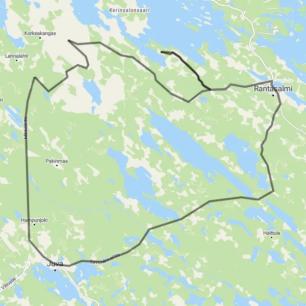 Map miniature of "Scenic Road Cycling in Rantasalmi" cycling inspiration in Pohjois- ja Itä-Suomi, Finland. Generated by Tarmacs.app cycling route planner