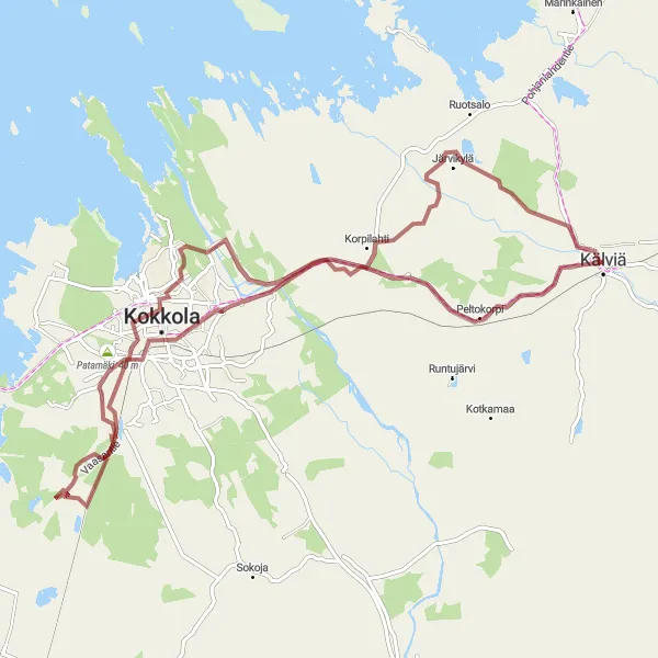 Karttaminiaatyyri "Kälviä - Peltokorpi - Kokkola - Patamäki - Mäntykangas" pyöräilyinspiraatiosta alueella Pohjois- ja Itä-Suomi, Finland. Luotu Tarmacs.app pyöräilyreittisuunnittelijalla