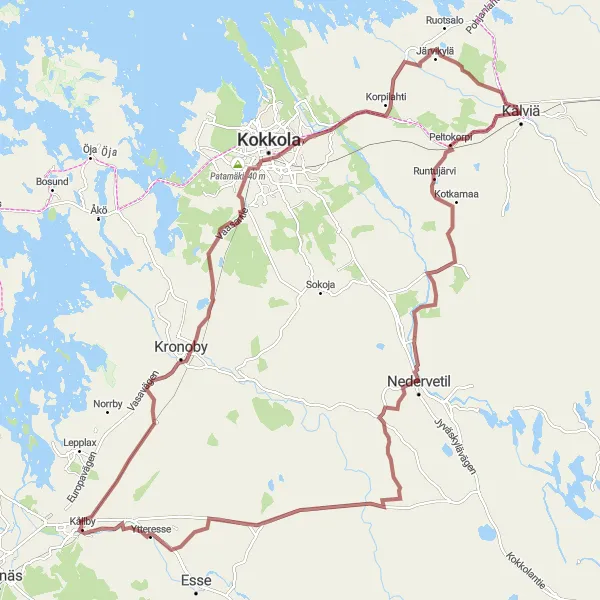 Karttaminiaatyyri "Kälviä - Peltokorpi - Nedervetil - Kronoby - Kokkola" pyöräilyinspiraatiosta alueella Pohjois- ja Itä-Suomi, Finland. Luotu Tarmacs.app pyöräilyreittisuunnittelijalla